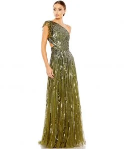 Mac Duggal Sequined One Shoulder Flutter Sleeve A Line Gown
