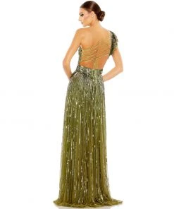 Mac Duggal Sequined One Shoulder Flutter Sleeve A Line Gown