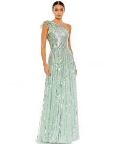 Mac Duggal Sequined One Shoulder Flutter Sleeve A Line Gown