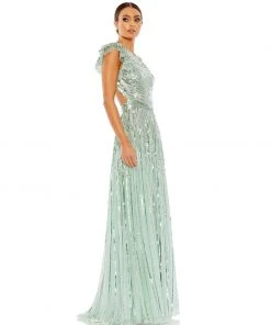 Mac Duggal Sequined One Shoulder Flutter Sleeve A Line Gown