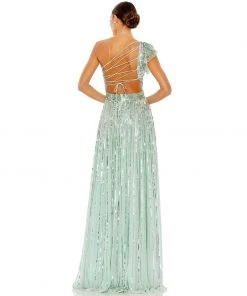 Mac Duggal Sequined One Shoulder Flutter Sleeve A Line Gown