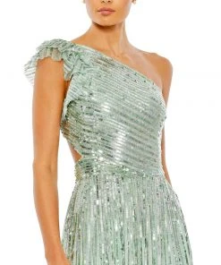 Mac Duggal Sequined One Shoulder Flutter Sleeve A Line Gown