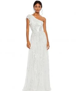 Mac Duggal Sequined One Shoulder Flutter Sleeve A Line Gown