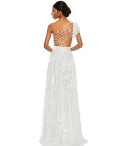 Mac Duggal Sequined One Shoulder Flutter Sleeve A Line Gown