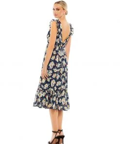 Ieena For Mac Duggal Shop For Flowy Floral Print V Neck Cap Sleeve Midi Dress