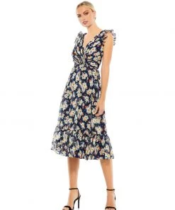 Ieena For Mac Duggal Shop For Flowy Floral Print V Neck Cap Sleeve Midi Dress