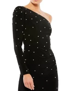 Ieena For Mac Duggal Rhinestone Encrusted One Shoulder Long Sleeve Mini Dress Shop For
