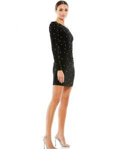 Ieena For Mac Duggal Rhinestone Encrusted One Shoulder Long Sleeve Mini Dress Shop For