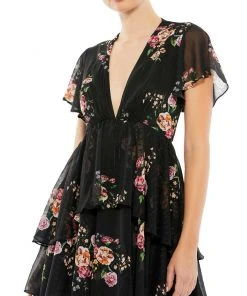 Ieena For Mac Duggal Shop For Tiered Ruffle Floral Print V Neck Butterfly Sleeve