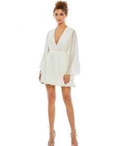 Ieena For Mac Duggal Solid Flowy V Neck Illusion Sleeve Mini Dress Shop For