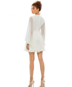 Ieena For Mac Duggal Solid Flowy V Neck Illusion Sleeve Mini Dress Shop For