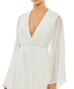 Ieena For Mac Duggal Solid Flowy V Neck Illusion Sleeve Mini Dress Shop For