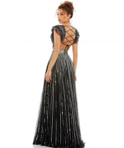 Mac Duggal Sequined Cut Out Ruffled Cap Sleeve Lace Up Gown Shop For