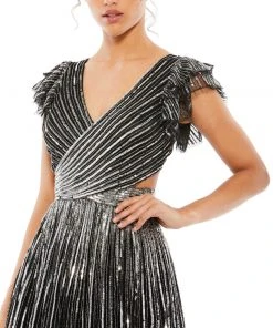 Mac Duggal Sequined Cut Out Ruffled Cap Sleeve Lace Up Gown Shop For