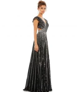 Mac Duggal Sequined Cut Out Ruffled Cap Sleeve Lace Up Gown Shop For