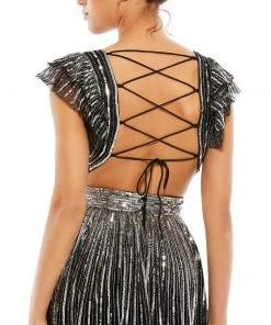 Mac Duggal Sequined Cut Out Ruffled Cap Sleeve Lace Up Gown Shop For