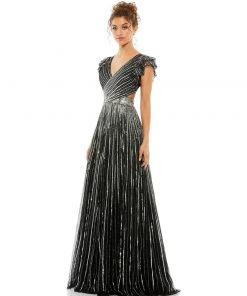Mac Duggal Sequined Cut Out Ruffled Cap Sleeve Lace Up Gown Shop For