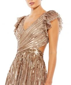 Mac Duggal Sequined Cut Out Ruffled Cap Sleeve Lace Up Gown Shop For