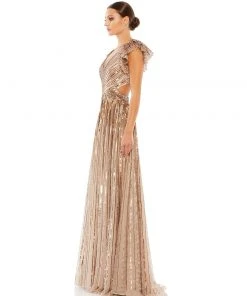 Mac Duggal Sequined Cut Out Ruffled Cap Sleeve Lace Up Gown Shop For