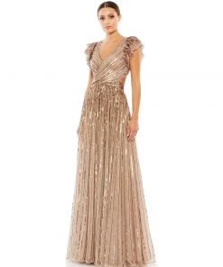 Mac Duggal Sequined Cut Out Ruffled Cap Sleeve Lace Up Gown Shop For