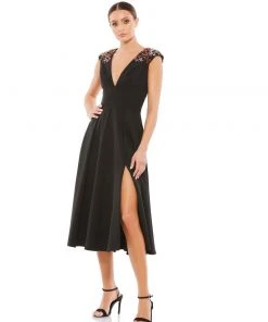 Ieena For Mac Duggal Plunging Floral Accented Cap Sleeve Cocktail Dress