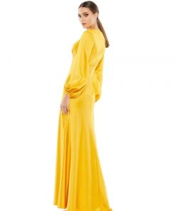 Ieena For Mac Duggal Charmeuse Empire Waist Blouson Sleeve Gown