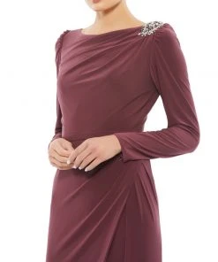 Mac Duggal Shop For Boat Neck Jersey Gown W/ Embellished Shoulder