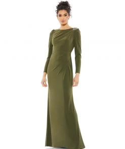 Mac Duggal Shop For Boat Neck Jersey Gown W/ Embellished Shoulder