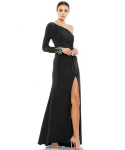 Mac Duggal Twist Front Embellished Sleeve Jersey Gown Shop For