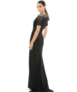 Ieena For Mac Duggal Sequined Embellished Shoulder Evening Gown