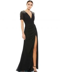 Ieena For Mac Duggal Sequined Embellished Shoulder Evening Gown