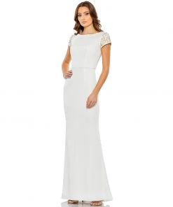 Mac Duggal Beaded Cap Sleeve Bateau Column Dress Shop For