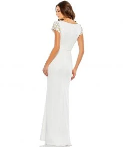 Mac Duggal Beaded Cap Sleeve Bateau Column Dress Shop For