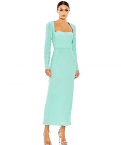 Ieena For Mac Duggal Allover Rhinestone Long Sleeve Dress New Arrivals