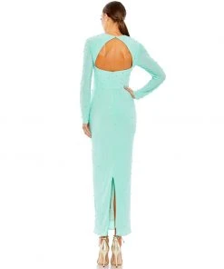 Ieena For Mac Duggal Allover Rhinestone Long Sleeve Dress New Arrivals