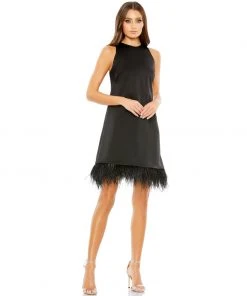 Ieena For Mac Duggal Feathered Hem High Neck Sleeveless A Line Dress Shop For