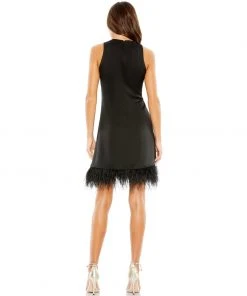 Ieena For Mac Duggal Feathered Hem High Neck Sleeveless A Line Dress Shop For