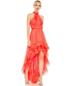 Ieena For Mac Duggal Shop For Ruffle Tiered High Low Pleated Halter Neck Gown