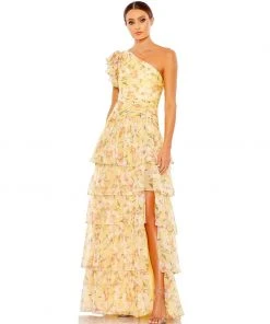 Ieena For Mac Duggal Floral Print Ruffle Tiered One Shoulder Gown Shop For