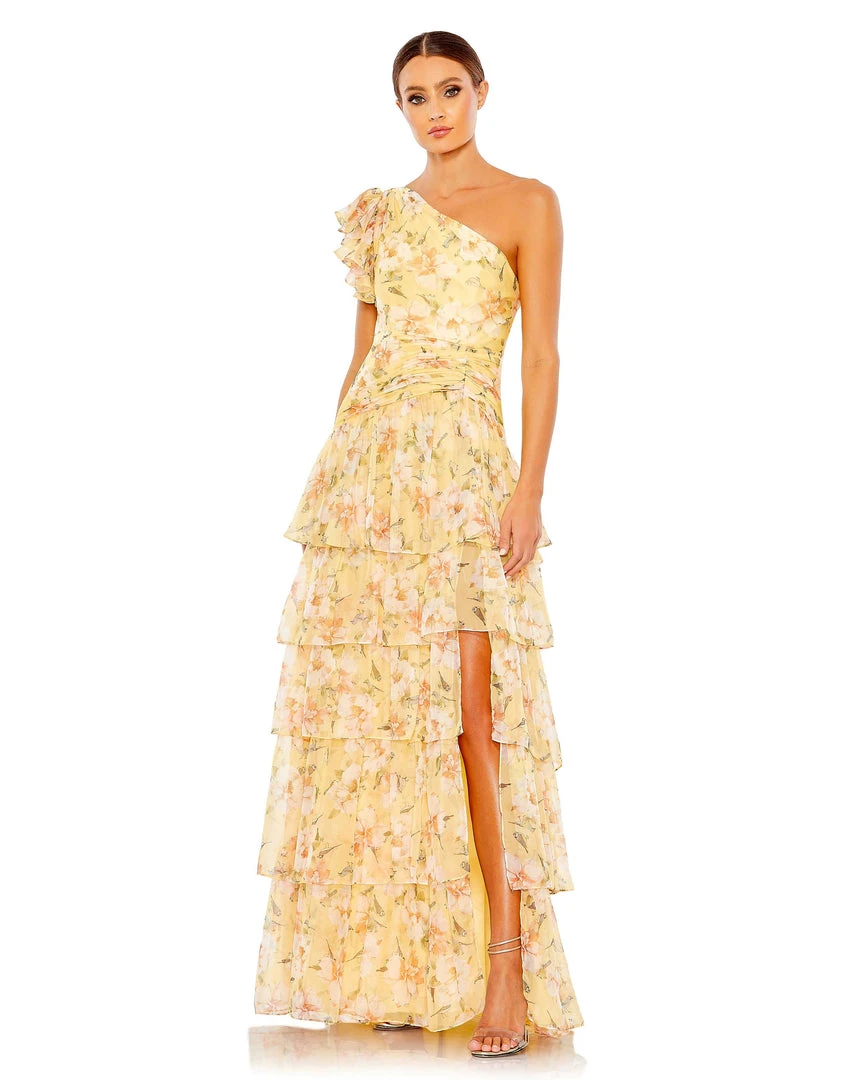 Ieena For Mac Duggal Floral Print Ruffle Tiered One Shoulder Gown Shop For 1 Ieena For Mac Duggal Floral Print Ruffle Tiered One Shoulder Gown Shop For