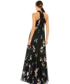 Ieena For Mac Duggal Floral Print Ruched Tiered High Neck Bow Gown Shop For