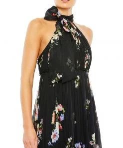 Ieena For Mac Duggal Floral Print Ruched Tiered High Neck Bow Gown Shop For