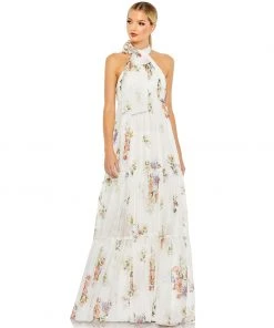 Ieena For Mac Duggal Floral Print Ruched Tiered High Neck Bow Gown Shop For