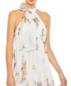 Ieena For Mac Duggal Floral Print Ruched Tiered High Neck Bow Gown Shop For