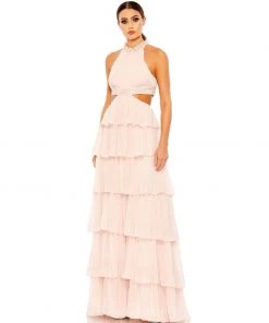 Ieena For Mac Duggal Tiered Ruffle Pleated High Neck Ball Gown