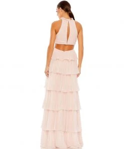 Ieena For Mac Duggal Tiered Ruffle Pleated High Neck Ball Gown