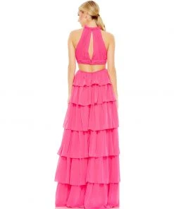 Ieena For Mac Duggal Tiered Ruffle Pleated High Neck Ball Gown