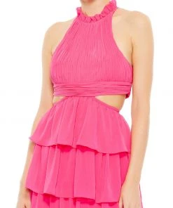 Ieena For Mac Duggal Tiered Ruffle Pleated High Neck Ball Gown