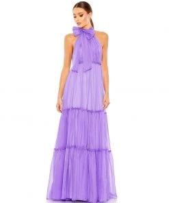 Ieena For Mac Duggal Ruched Tiered High Neck Bow A Line Gown