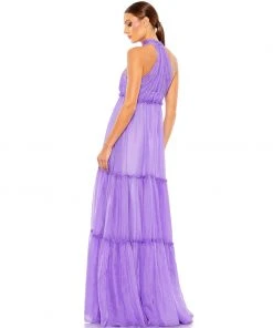 Ieena For Mac Duggal Ruched Tiered High Neck Bow A Line Gown